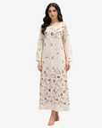Luxury Moonlit Dreams modest linen blend jalabiya with celestial print, flowing silhouette and contemporary square neckline.