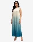 Walking view of the Ocean Breeze Velvet Satin Dress showcasing the elegant ombré gradient and fluid drape.