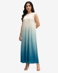 Front view of the Ocean Breeze Velvet Satin Dress in cream and ocean blue with a timeless sleeveless design.
