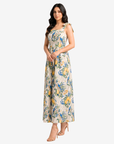 Front view of the Orchard Aviary Tie Shoulder Linen Blend Dress showcasing the elegant square neckline and nature-inspired botanical print.