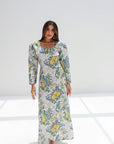 Full-length Orchard Aviary Linen Blend Dress with lemon, bird and foliage print