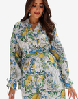 Orchard Aviary Tie-Waist Linen Blend Co-ord Set close-up of blue bird, lemon and botanical floral print