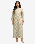 Palm Canopy Hand Embellished Linen Blend Jalabiya by Gharza Couture featuring an elegant palm tree print, handcrafted embellished neckline, and full-length modest silhouette.