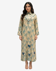 Palm Canopy Ruffle Hand Embellished Linen Blend Jalabiya front view by Gharza Couture