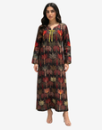 Palm Sanctuary Ribbon Hand Embellished Linen Blend Jalabiya with elegant palm print by Gharza Couture