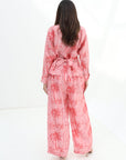 Back view of the Palm Blush Linen Blend Co-Ord Set highlighting the elegant palm print and relaxed modest fit.
