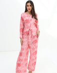 Full-length view of the Palm Blush Linen Blend Co-Ord Set with coordinated button-front top and wide-leg trousers by Gharza Couture.