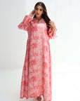 Coral Palm Sketch Linen Blend Jalabiya with flowing silhouette