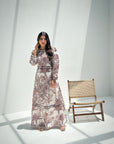 Women's botanical print linen blend jalabiya in brown and ivory with elegant full-length modest silhouette