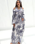 Palm Escape Open Shoulder Linen Blend Jalabiya in blue palm print showing open shoulder detail