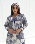 Blue Palm Escape Jalabiya showing star neckline and hand embellishment