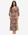 Paradise Plume Contrast Panel Linen Blend Dress by Gharza Couture featuring a tropical bird print, V-neckline and elegant full-length modest silhouette.