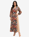 Premium Paradise Plume modest dress in breathable linen blend with tropical bird print and full-length flowing design.