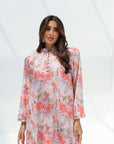 Pastel Chrysanthemum High Neck Linen Blend Jalabiya ruffle neckline detail