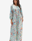 Full-length angled view of Pastel Watercolor Bloom printed silk jalabiya
