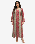 Ruby Tapestry Hand Embellished Cotton Jalabiya by Gharza Couture featuring a luxury floral stripe design, handcrafted embellished neckline and modest full-length silhouette.