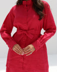 Close-up of Ruby Essence Linen Blend Co-ord Set featuring a mandarin collar, button-front design, and premium linen blend fabric.