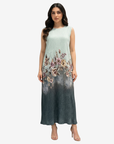 Front view of the Sage Blossom Velvet Satin Dress showcasing the elegant floral print and flowing maxi silhouette.