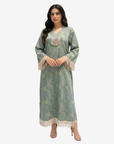 Sage Mirage Fringe Detail Linen Blend Jalabiya by Gharza Couture in sage abstract print with elegant tassel trim.