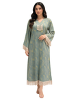 Front view of the Sage Mirage Fringe Detail Linen Blend Jalabiya showcasing the abstract print and tassel details.