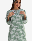 Sage Palm Embellished Linen Blend Jalabiya