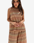 Front view of sand mosaic lace set featuring a sleeveless top and wide-leg trousers