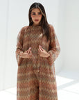 Full-length view of Sand Mosaic Lace Three-Piece Set with a long open outer layer