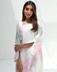 Upper-body view of Seashell Embellished Linen Blend Jalabiya highlighting neckline, sleeves and embellishment details