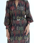 Dark Signature Linen Blend Dress showing hand embellishment, botanical print and waist belt
