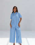 Full-length Sky Blossom Cotton Lace Co-ord Set in sky blue floral lace