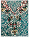 Close-up of ivory, red, green and gold floral beadwork on teal Japanese Liberty cotton mukhawar fabric.