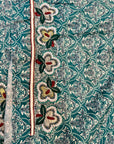 Premium Japan Liberty cotton fabric displaying the teal heritage pattern of the Teal Heritage Liberty Cotton Mukhawar for custom tailoring by Gharza Couture.