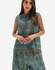 Teal Mosaic Lace Three-Piece Set showing the sleeveless top and intricate lace pattern