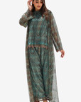 Teal Mosaic Lace Three-Piece Set with long overlay, sleeveless top and wide-leg trousers