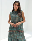 Close-up of Teal Mosaic Lace Three-Piece Set showing the patterned top and waist detail