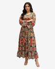 Elegant Tropical Mosaic Linen Blend Dress with embellished neckline and full-length design