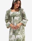 Tropical Palm Garden Embellished Linen Blend Dress