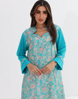 Close-up of Turquoise Floral Paisley Cotton Jalabiya showing neckline and botanical print