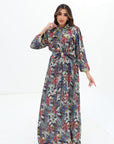 Midnight Tropical Bloom Embellished Linen Blend Dress with waist belt