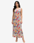 Premium Wildflower Symphony silk blend dress showcasing colorful floral print and sophisticated modest fashion style.