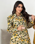 Lemon and floral print fabric detail on the travel wear set.
