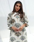 Art Deco Fan Print Linen Blend Jalabiya close up detail