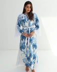 Azure Palm Pleated Sleeve Linen Blend Dress side profile