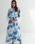 Azure Palm Pleated Sleeve Linen Blend Dress full length view