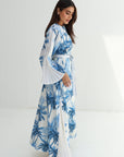 Azure Palm Pleated Sleeve Linen Blend Dress side profile