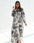 Full-length black Palm Escape Star Neck Jalabiya with tropical palm design