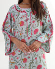 Bloom Garden Linen Blend Jalabiya botanical floral pattern detail