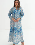 Blue Botanical Vine Print Linen Blend Jalabiya - Neckline Detail