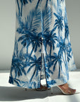 Blue Palm Print Linen Blend Dress Fabric Texture and Tropical Print Detail