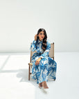 Blue Palm Print Linen Blend Dress Fabric Texture and Tropical Print Detail